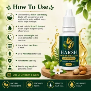 Harsh Anti Hair Fall Oil product label with ingredients and usage instructions