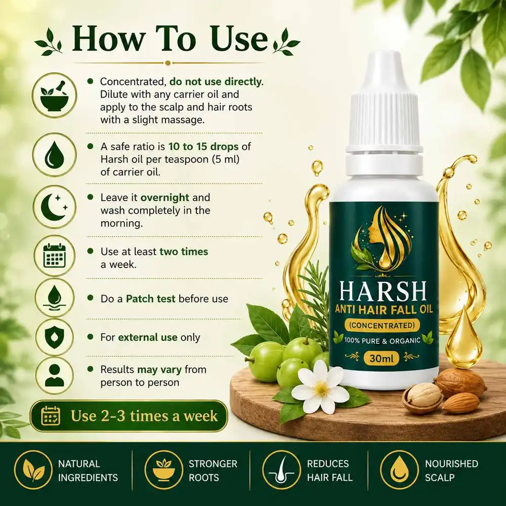 Harsh Anti Hair Fall Oil product label with ingredients and usage instructions