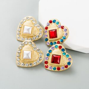 Ins Fashion Heart shaped Earrings Women's Alloy Studs with Color Rhinestones