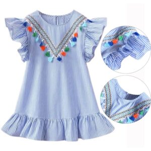 Girls Tassel Flying Sleeve Dresses Stripe Cotton Cute Kids Party Dresses