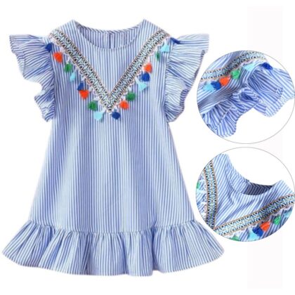 Girls Tassel Flying Sleeve Dresses Strip...